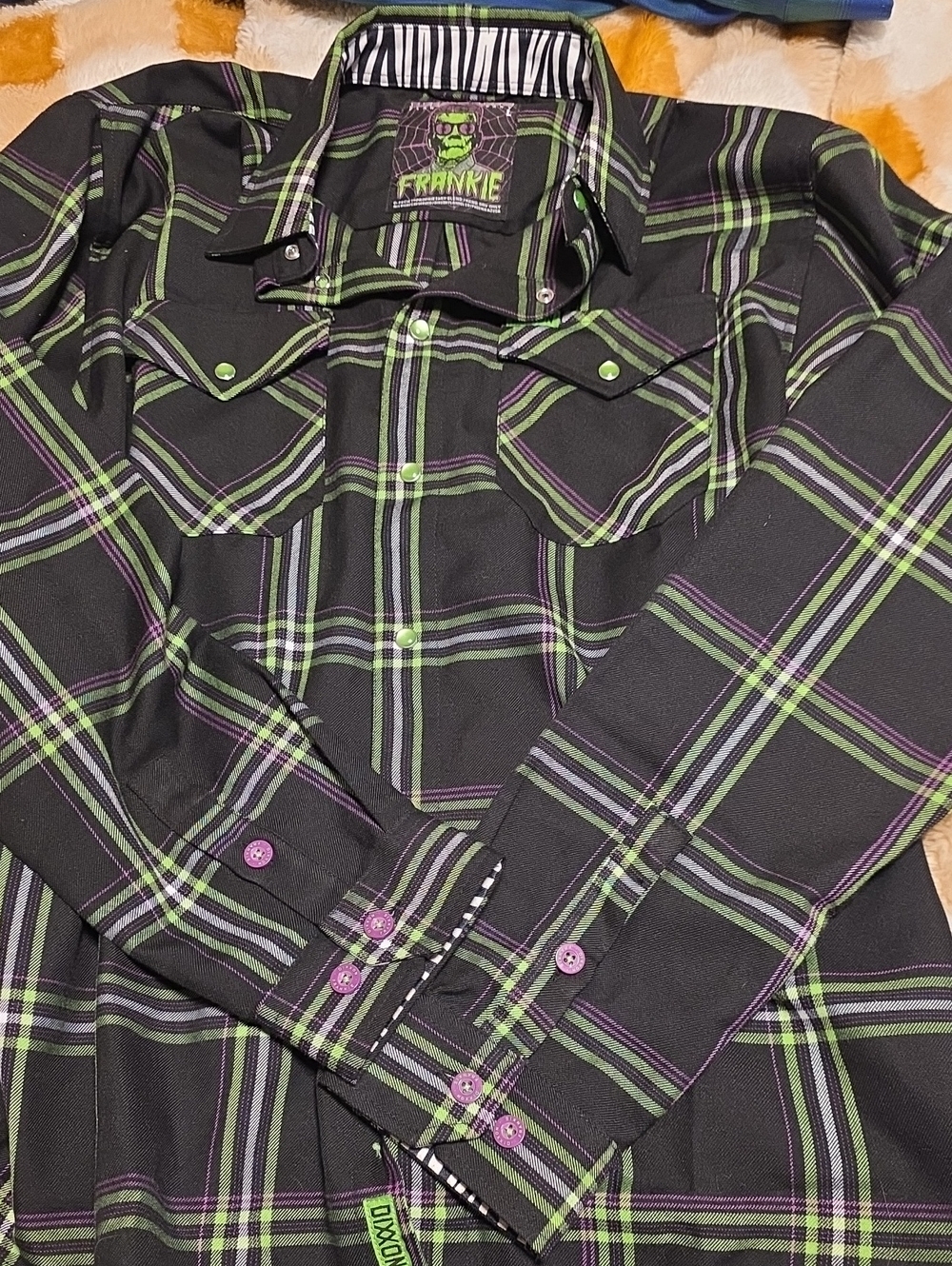 DIXXON Black Plaid Shirt with Green and Purple Accents